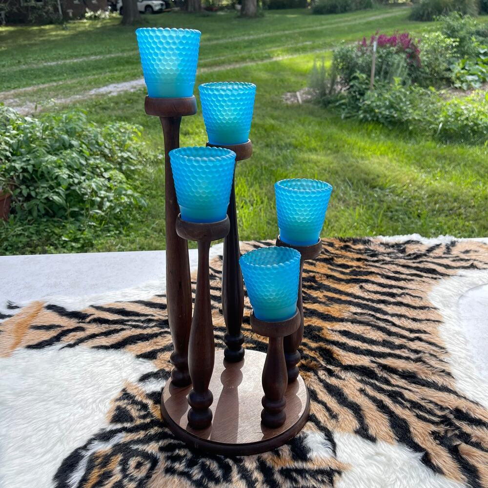 Vintage HOMCO 5 Tier Wood Candelabra Blue Hobnail Glass Votive Cups MCM 70s